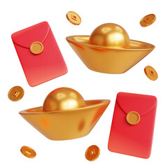 Happy chinese new year 3d rendered decoration elements. Golden coins, lucky bag 3d illustration