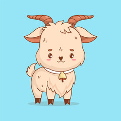Cute Little Goat with bell. Adorable Farm Animal. Funny kawaii character. Vector illustration. Kids collection