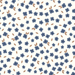Small cute blue flowers with leafs repeat vector pattern