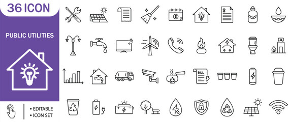Public Utilities Energy Water Electricity Solar Recycle Icon Set