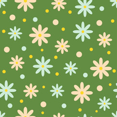 Multicolored Daisy Flowers and Circles Repeat Vector Pattern