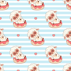 Seamless pattern with Cute summer Sheep with sunglasses floats on inflatable donut on striped blue background. Funny kawaii Farm Animal character. Vector illustration. Kids collection