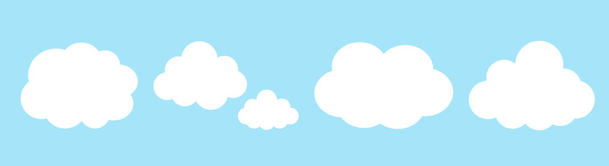 Fototapeta premium White clouds set in cute cartoon flat style on pastel blue background vector illustration. Clouds elements for newborn, nursery, stickers, decoration.