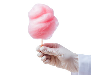 A hand with glove holding a pink cotton candy, isolated on a transparent background