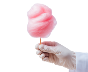 A hand with glove holding a pink cotton candy, isolated on a transparent background