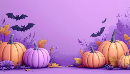 Three Dimensional Rendering Of Pumpkins And Bats On Purple Background