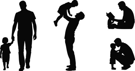 Obraz premium Father and child reading and playing silhouette vector set for family, parenting, and bonding illustration