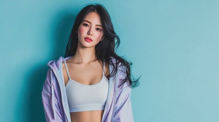 Sporty Woman in Sports Bra Against Blue Wall

