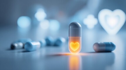 Illustrated heart in a capsule with data visualizations symbolizing medical research breakthroughs and heart disease awareness for healthcare campaigns and pharmaceutical advertising, treatment 