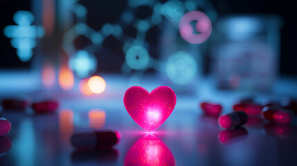 Illustrated heart in a capsule with data visualizations symbolizing medical research breakthroughs and heart disease awareness for healthcare campaigns and pharmaceutical advertising, treatment 