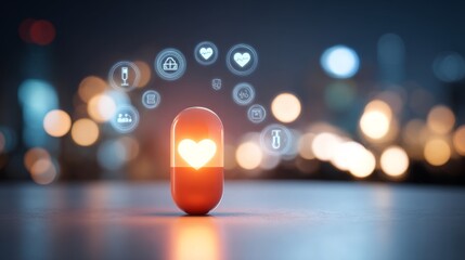 Illustrated heart in a capsule with data visualizations symbolizing medical research breakthroughs and heart disease awareness for healthcare campaigns and pharmaceutical advertising, treatment 