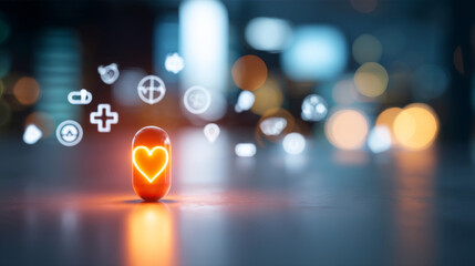 Illustrated heart in a capsule with data visualizations symbolizing medical research breakthroughs and heart disease awareness for healthcare campaigns and pharmaceutical advertising, treatment 