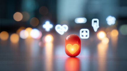 Illustrated heart in a capsule with data visualizations symbolizing medical research breakthroughs and heart disease awareness for healthcare campaigns and pharmaceutical advertising, treatment 