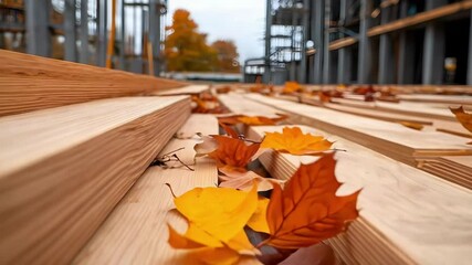 Wood planks laid out on the ground, surrounded by fallen autumn leaves, in an outdoor storage area.