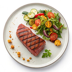 Realistic red meat grilled with sides of vegetables, sauce, salad, and other ingredients