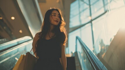 Woman Shopping on Escalator in Mall

