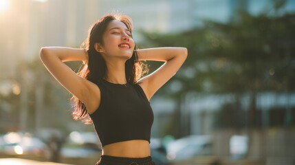 Carefree Asian Girl Laughing in Park

