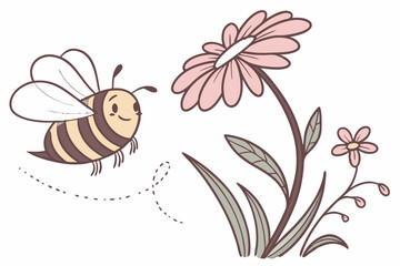 Cute bee buzzing around a flower, watercolor clipart style, ideal for nursery art, with a single object on a clean white background