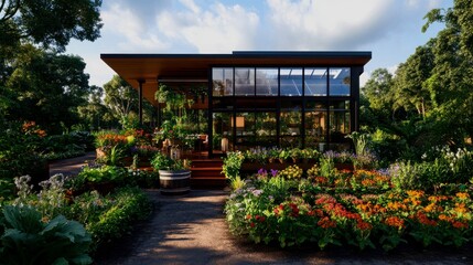 A solar-powered tiny house with a glass greenhouse attached, filled with potted mums and trailing vines