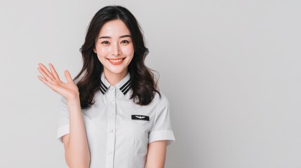 Smiling Stewardess Waving with Blank Space

