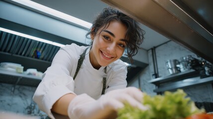 Woman Chef Smiling while Preparing Salad

