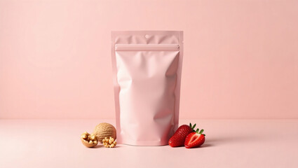Pastel Pink Ziplock Food Bag Mockup with Walnuts and Dried Strawberries – Feminine & Fresh Snack Packaging