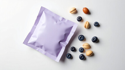 Lavender Flat Sachet Food Mockup with Blueberries and Hazelnuts – Clean and Creative Snack Design