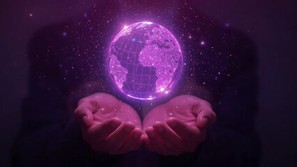 Glowing Digital Globe with Global Network Connections Floating in Open Hands – Futuristic Technology Concept