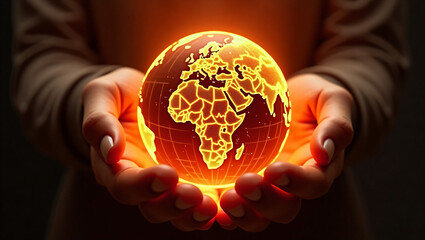 Glowing Digital Globe with Global Network Connections Floating in Open Hands – Futuristic Technology Concept