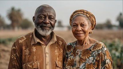 Naklejka premium An elderly couple stands together in a rural setting, smiling warmly at the camera. They are dressed in traditional clothing, with the woman wearing a headwrap