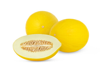 Two ripe honeydew melons and a half of melon isolated.