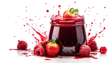 Strawberry and raspberry jam jar with splash isolated on transparent background