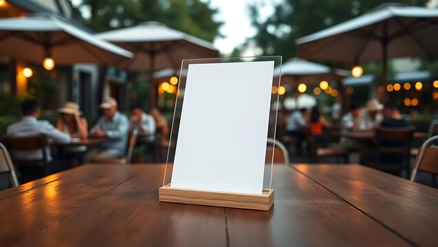 Blank menu holder on a wooden table at a restaurant patio with blurred diners