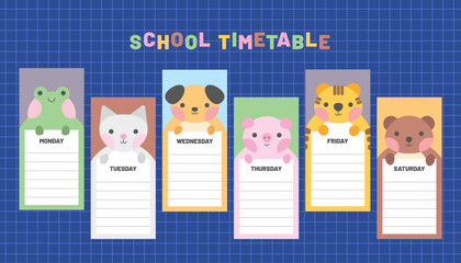 Cute school timetable for kids, kindergartens and elementary grades. Funny animals on weekly planner Monday to Saturday