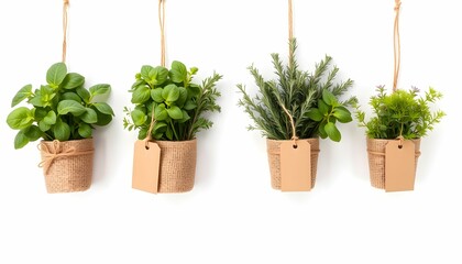 Fototapeta premium Five small potted herbs hang against a white background, each adorned with a simple brown tag.