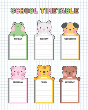 Cute school timetable for kids, kindergartens and elementary grades. Funny animals on weekly planner Monday to Saturday