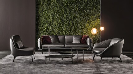 Modern living room with dark leather furniture and minimalist coffee tables.