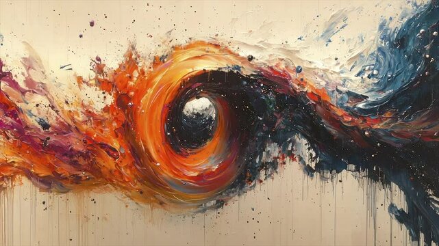Abstract swirling vortex painting in fiery oranges, blues, and blacks, textured impasto style