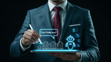 A professional business photo of a person in a dark suit and tie using a digital tablet with holographic interface elements.