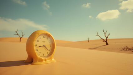Melting Yellow Clock in Desert Landscape, vintage film look of surreal timepieces warping under 1960s film grain and soft blur tones