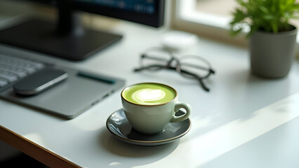Workspace coffee with keyboard, mouse and glasses