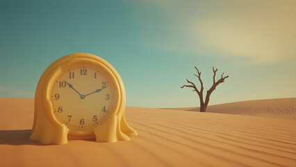 Melting Yellow Clock in Desert Landscape, vintage film look of surreal timepieces warping under 1960s film grain and soft blur tones