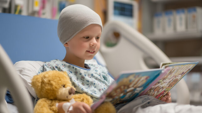 Hope and Resilience in Childhood Cancer: A young child with cancer reading a book with a teddy bear in a pediatric hospital bed.