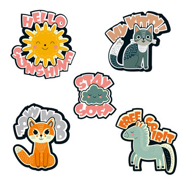A cute collection of cartoon stickers featuring a smiling sun ("Hello Sunshine"), a fluffy cloud ("Stay Soft"), a fox ("Foxy Mood"), a horse ("Free Spirit"), and a cat ("My Kitty!"). Perfect for kids,