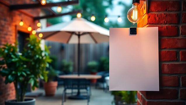Blank sign attached to brick wall under edison bulb and string lights