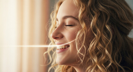 Smiling Woman with Curly Blonde Hair Flossing Teeth