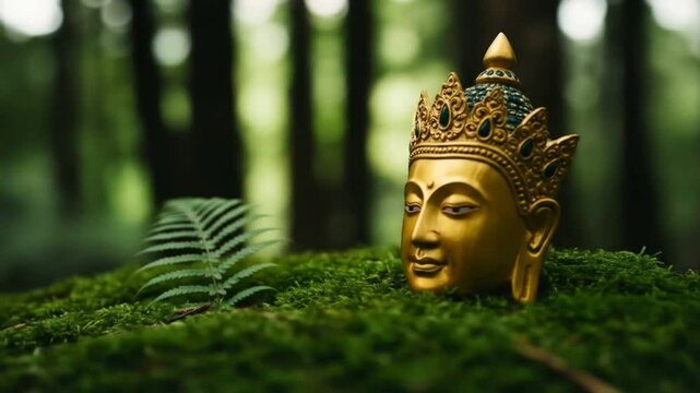Peaceful and spiritual scene with statue on a lush nature background
