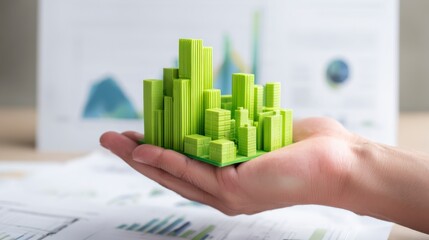 3D Model of a Green Urban Landscape Held in a Hand Against Business Charts and Graphs on a Desk