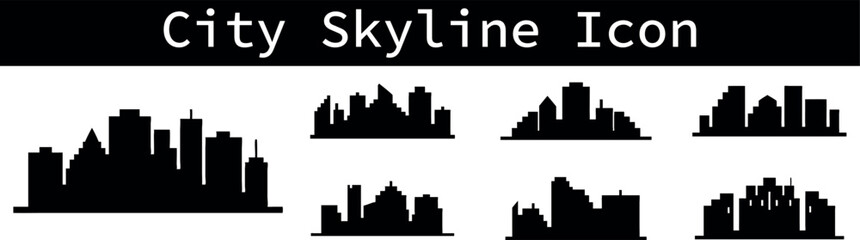 Collection of diverse city skyline silhouettes bold icons representing urban architecture and cityscapes isolated on transparent background 