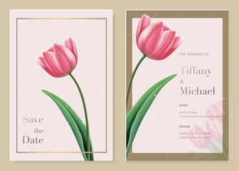 Elegant tulip wedding invitation featuring soft pink flowers, gentle gradients and golden frame details. Ideal for summer wedding card, romantic stationery or printable bridal announcement templates.